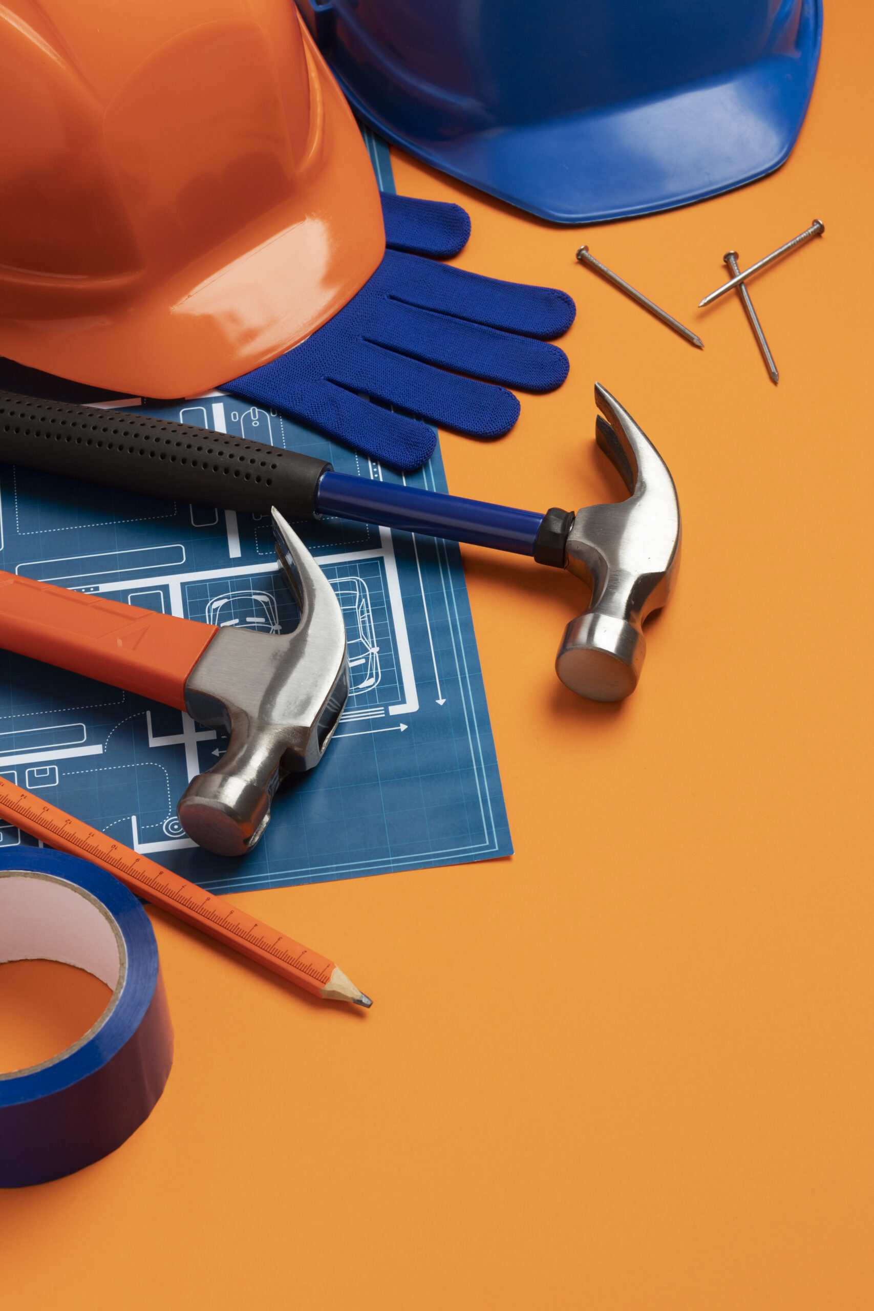 view steel hammer with other construction elements tools